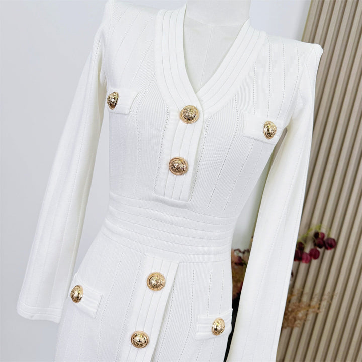 ゴールドボタンVネックタイトワンピース