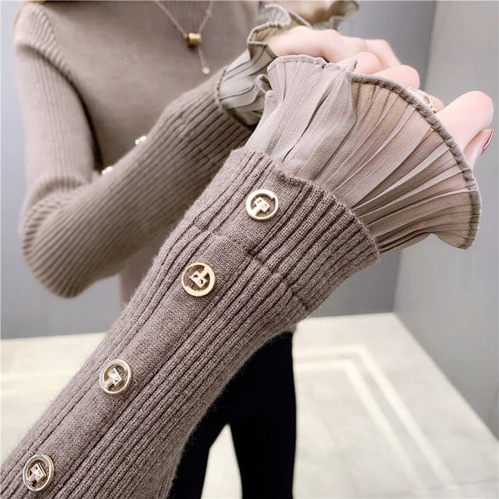 シフォンフリルハイネックリブニットトップス