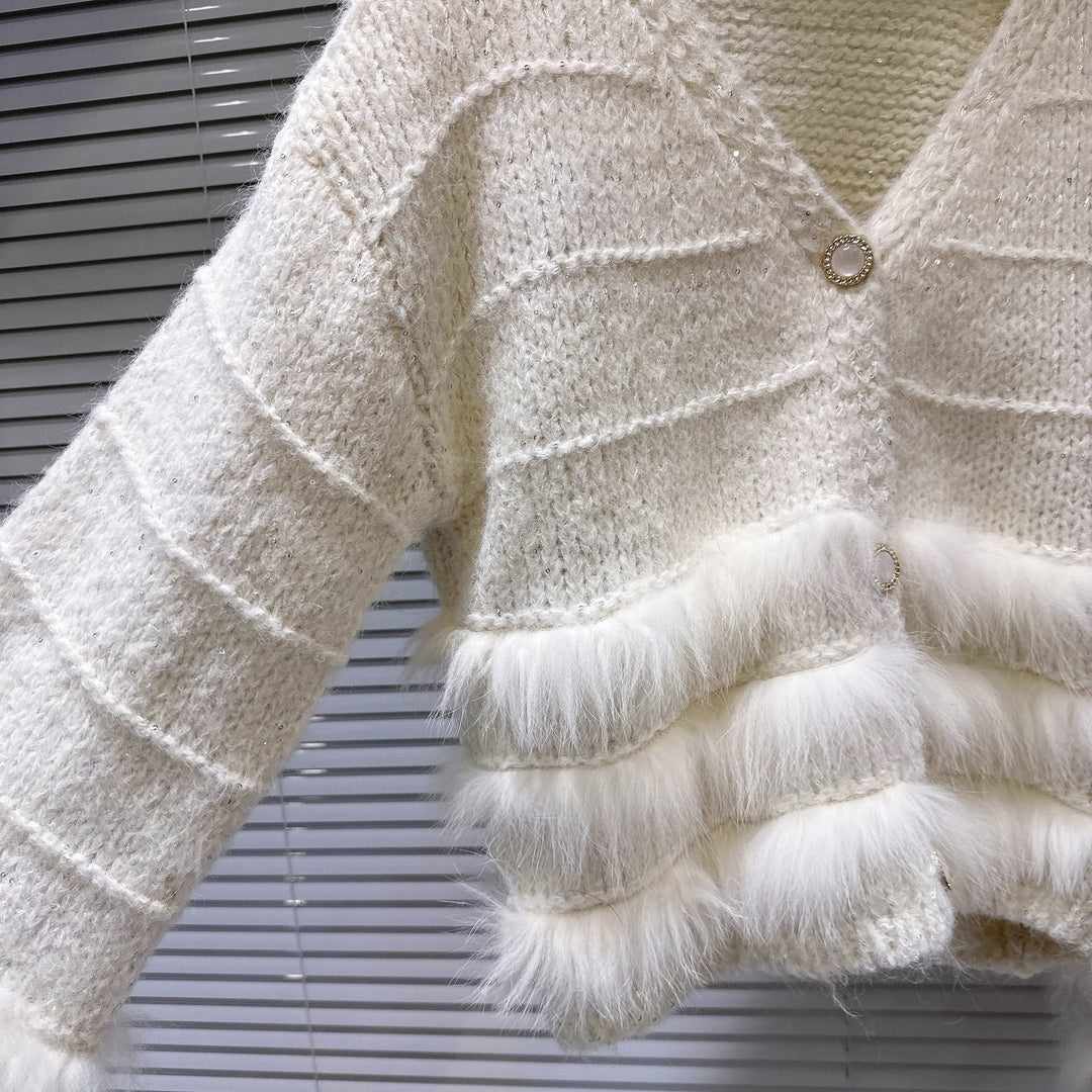 Vネックフェザーファーカーディガン