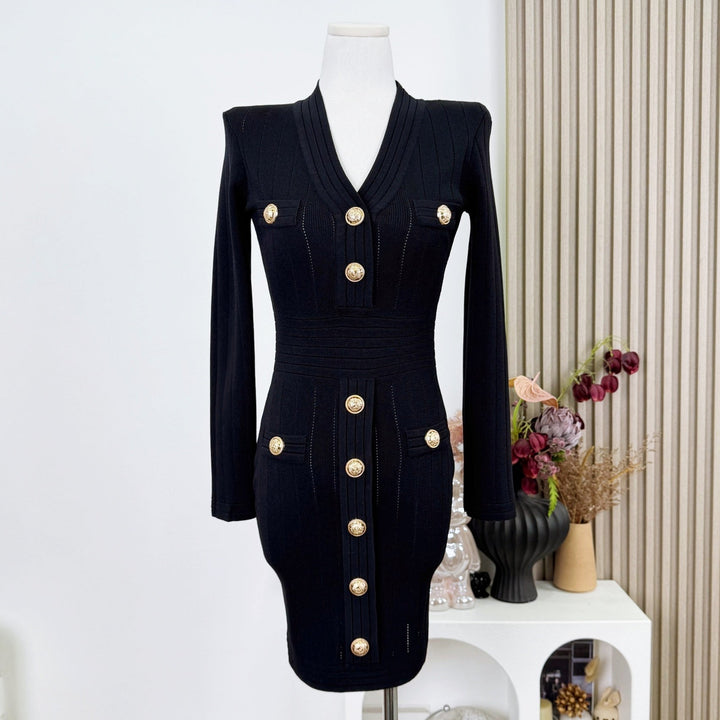 ゴールドボタンVネックタイトワンピース