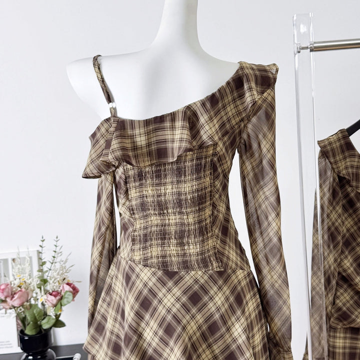 ワンショルダーチェックアシンメトリーワンピース