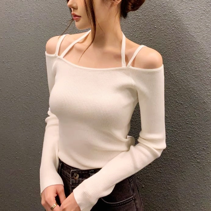ショルダーストラップオフショルリブトップス