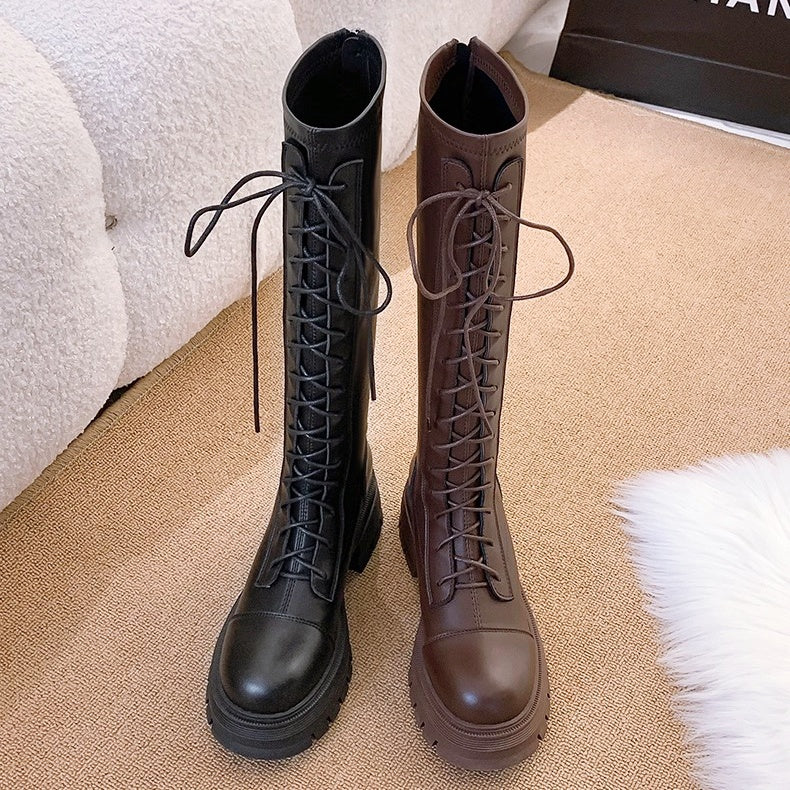 レースアップレザーロングブーツ