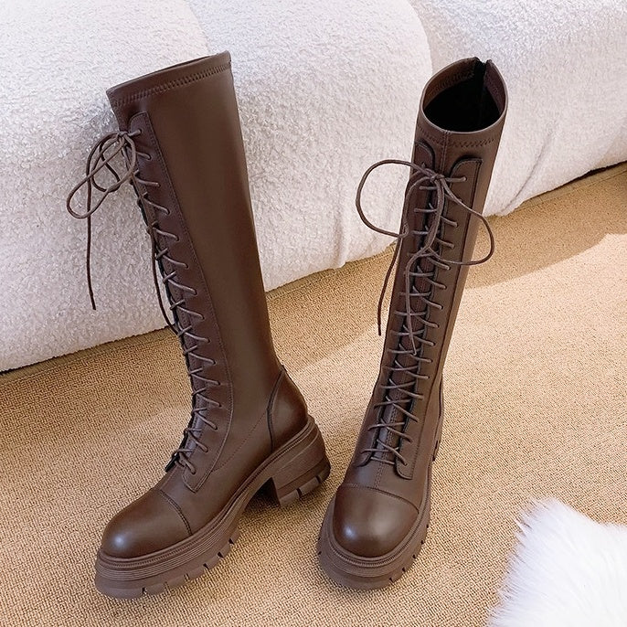 レースアップレザーロングブーツ