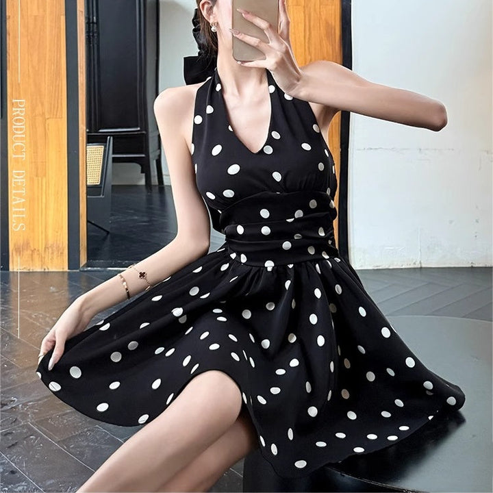 ホルターネックリボンドットミニワンピース