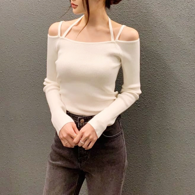 ショルダーストラップオフショルリブトップス