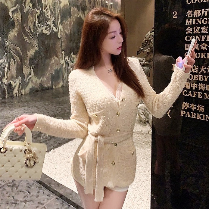 ゴールドボタンツイードベルトカーディガン