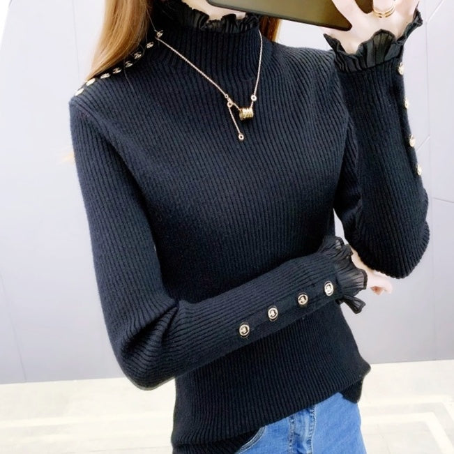 シフォンフリルハイネックリブニットトップス