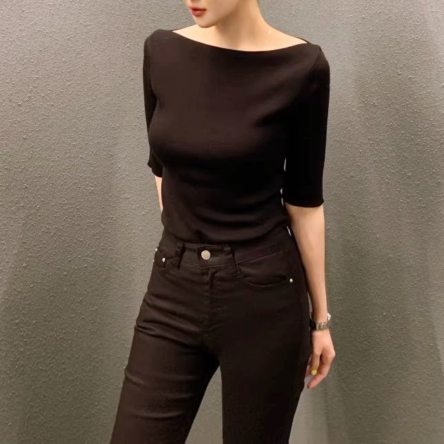 ボートネックシンプルニットトップス