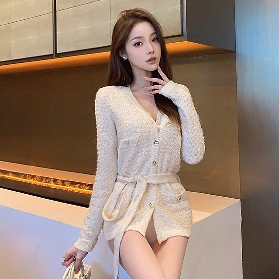 ゴールドボタンツイードベルトカーディガン