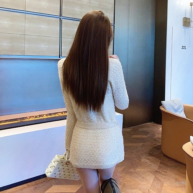 ゴールドボタンツイードベルトカーディガン