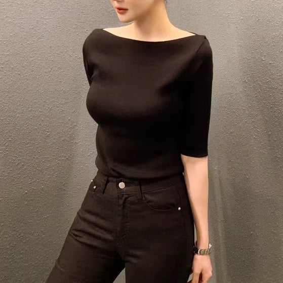 ボートネックシンプルニットトップス