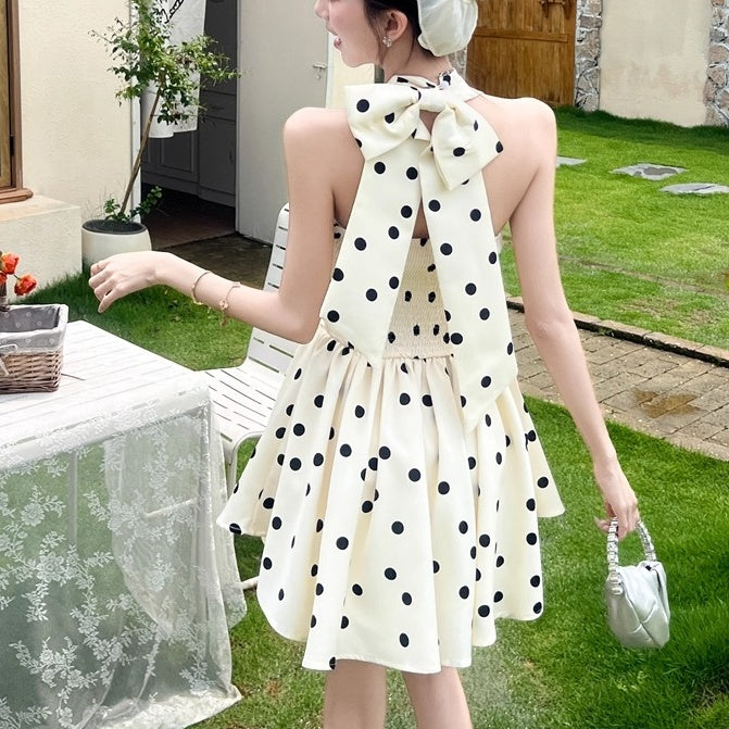 ホルターネックリボンドットミニワンピース