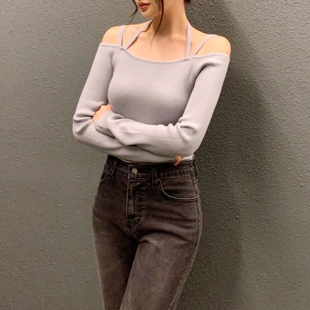 ショルダーストラップオフショルリブトップス