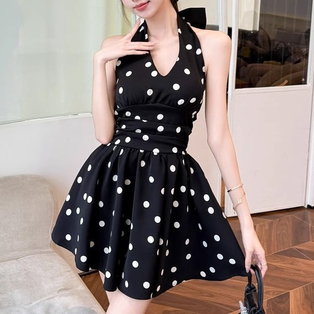 ホルターネックリボンドットミニワンピース