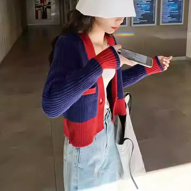 コントラストカラークロップドカーディガン