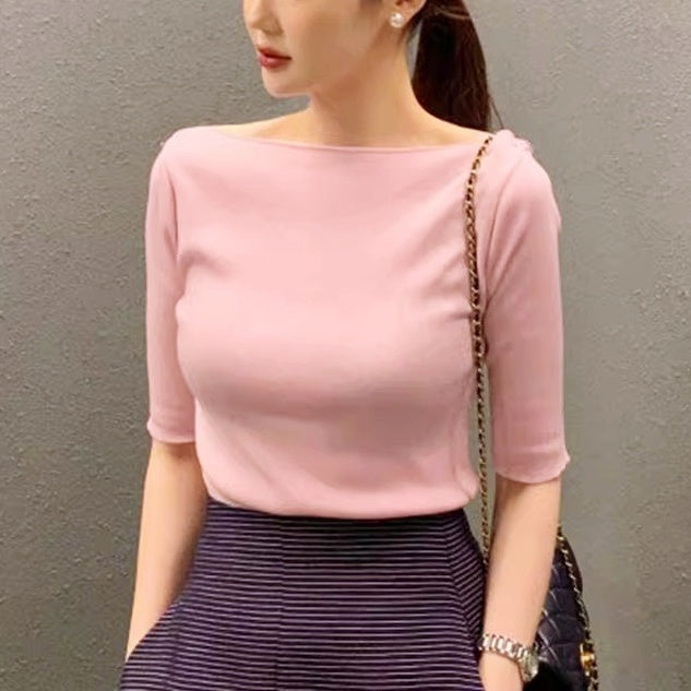 ボートネックシンプルニットトップス