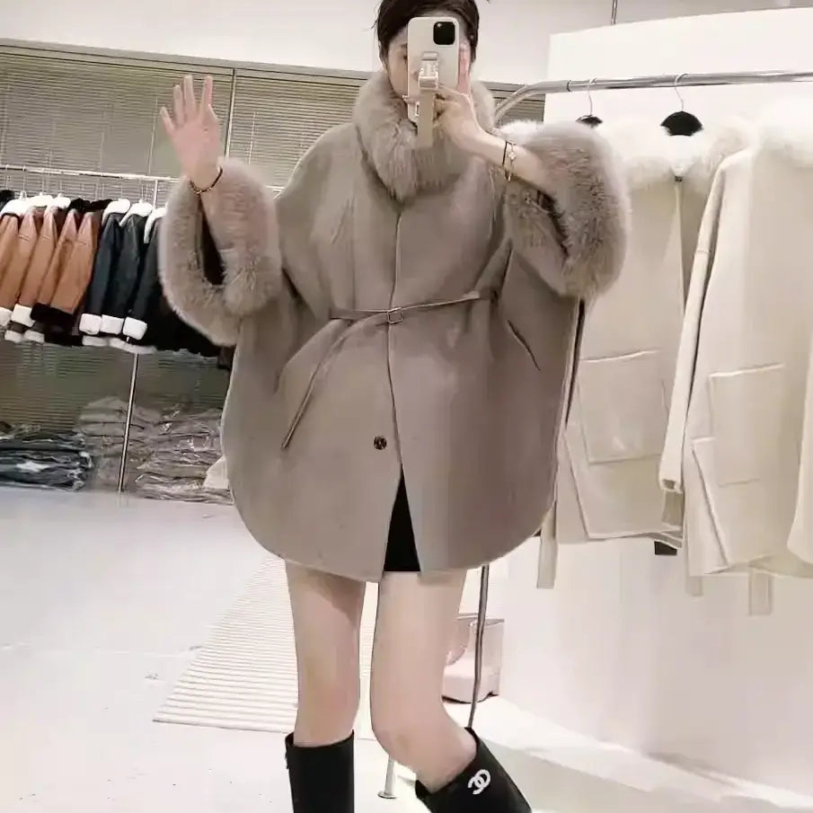 FOXファーウエストベルトマントコート