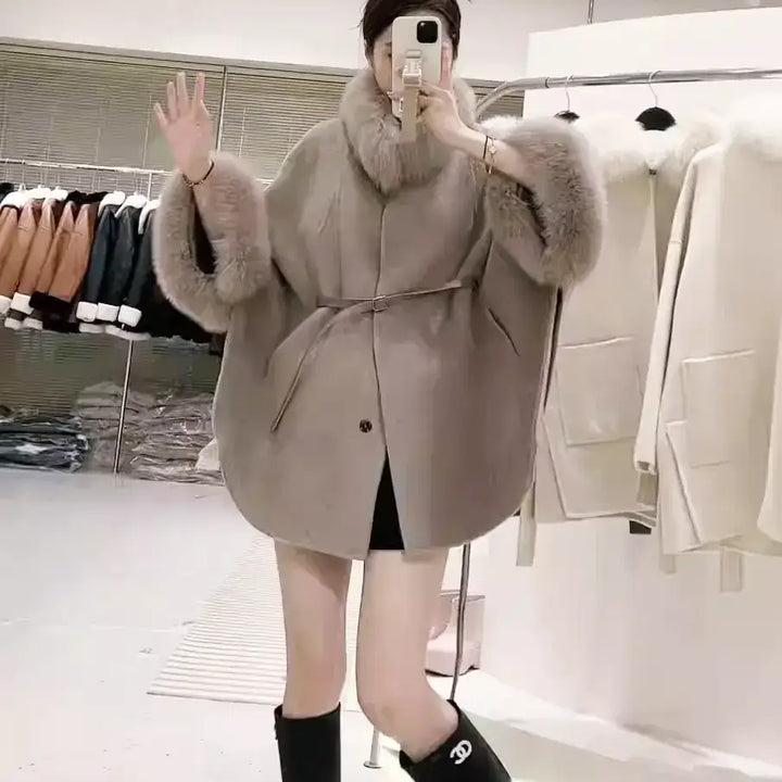 FOXファーウエストベルトマントコート