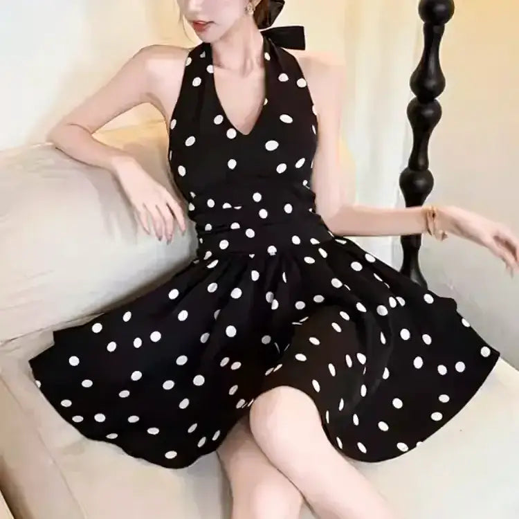 ホルターネックリボンドットミニワンピース