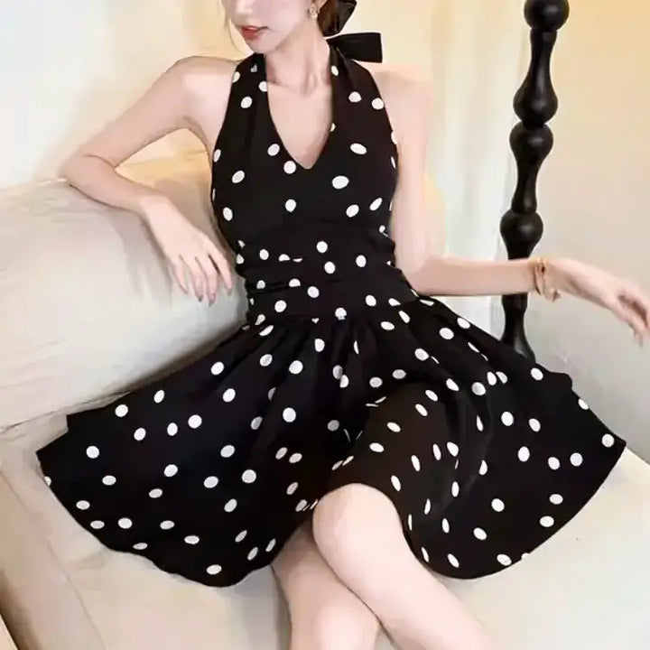 ホルターネックリボンドットミニワンピース