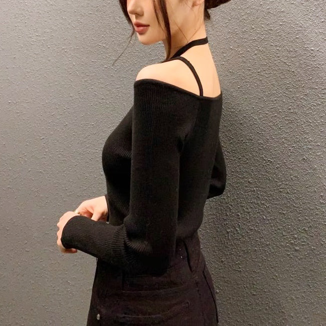 ショルダーストラップオフショルリブトップス