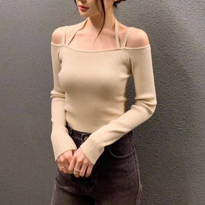 ショルダーストラップオフショルリブトップス