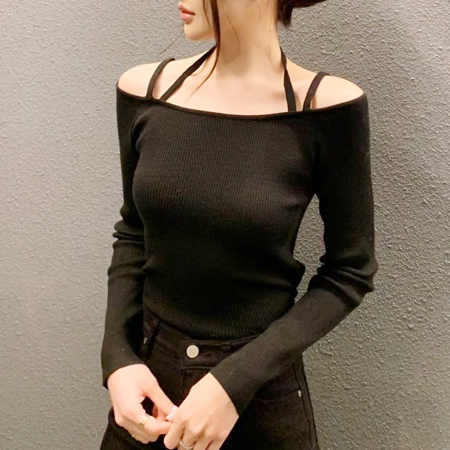 ショルダーストラップオフショルリブトップス