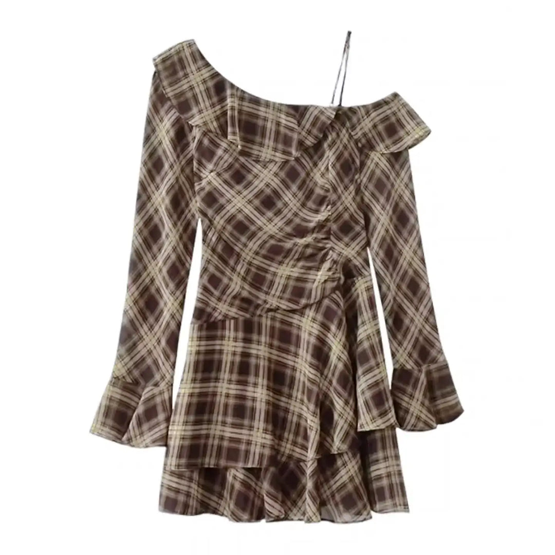 ワンショルダーチェックアシンメトリーワンピース