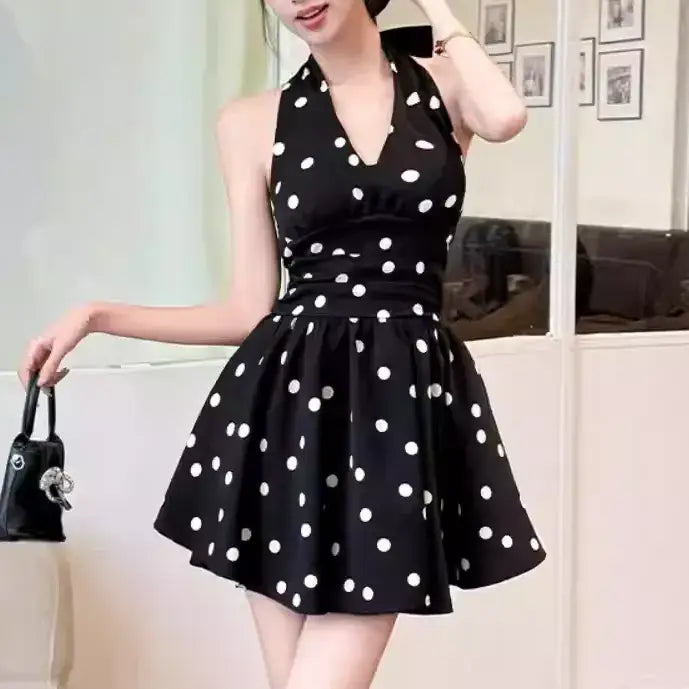 ホルターネックリボンドットミニワンピース