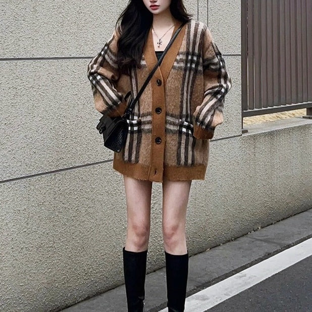 モヘアチェックルーズカーディガン