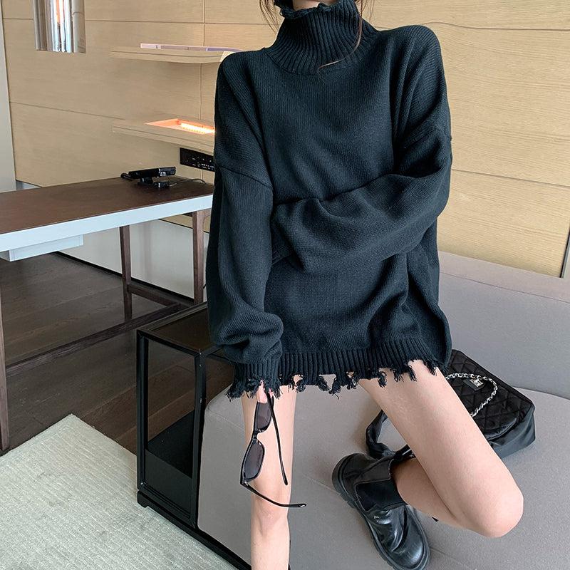 フリンジタートルニットトップス