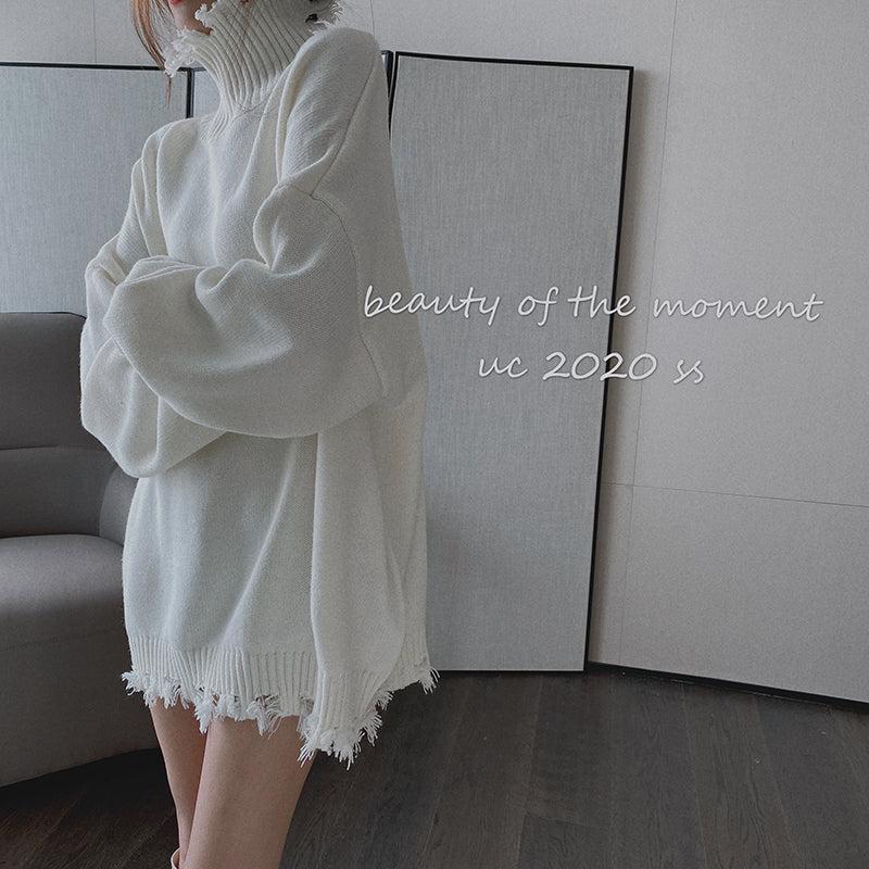 フリンジタートルニットトップス