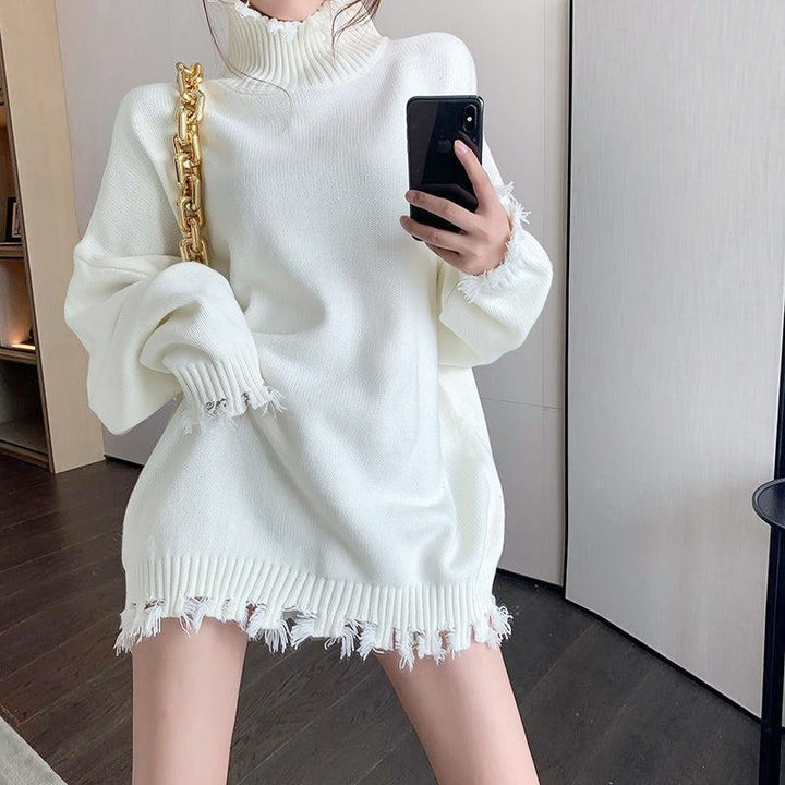 フリンジタートルニットトップス