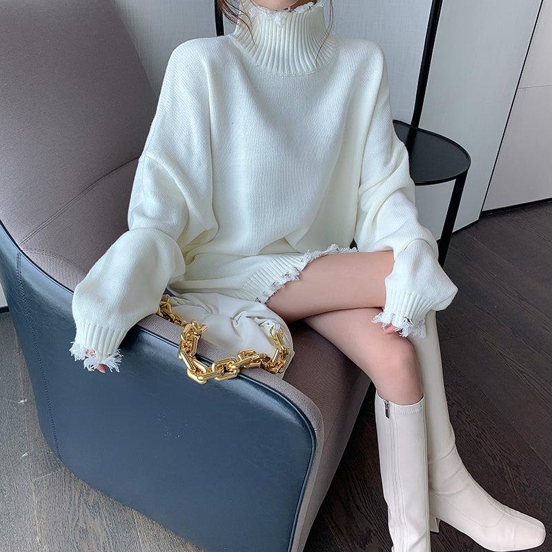 フリンジタートルニットトップス